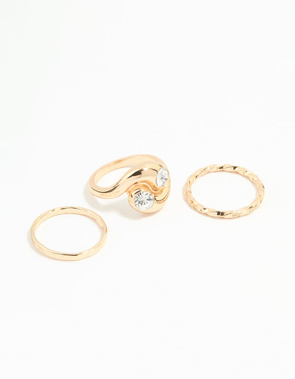 Gold Thick Diamante Twisted Stacking Rings 3-Pack
