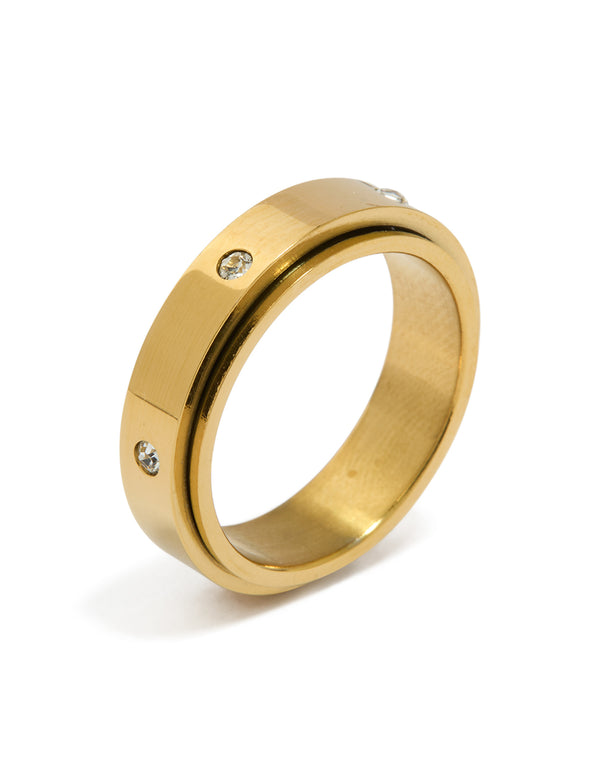 Waterproof Gold Plated Stainless Steel Cubic Zirconia Spinner Ring