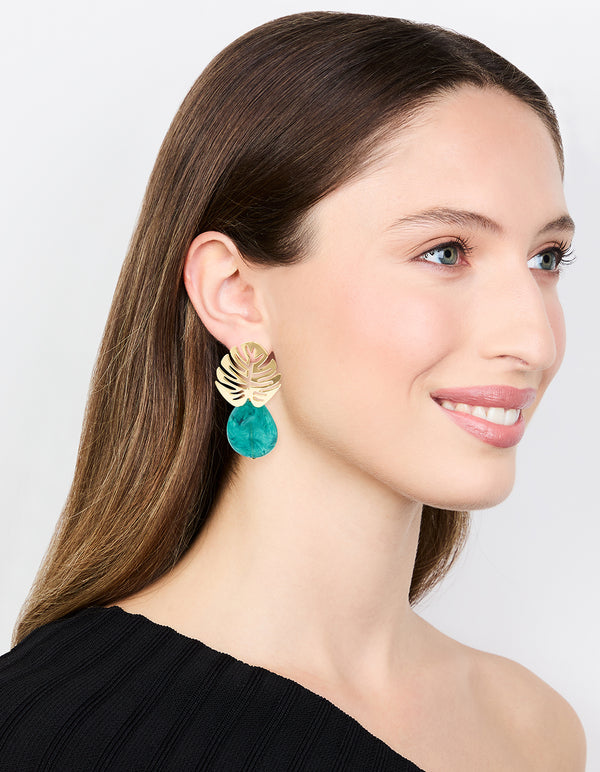 Gold Blue Stone Leaf Drop Earrings