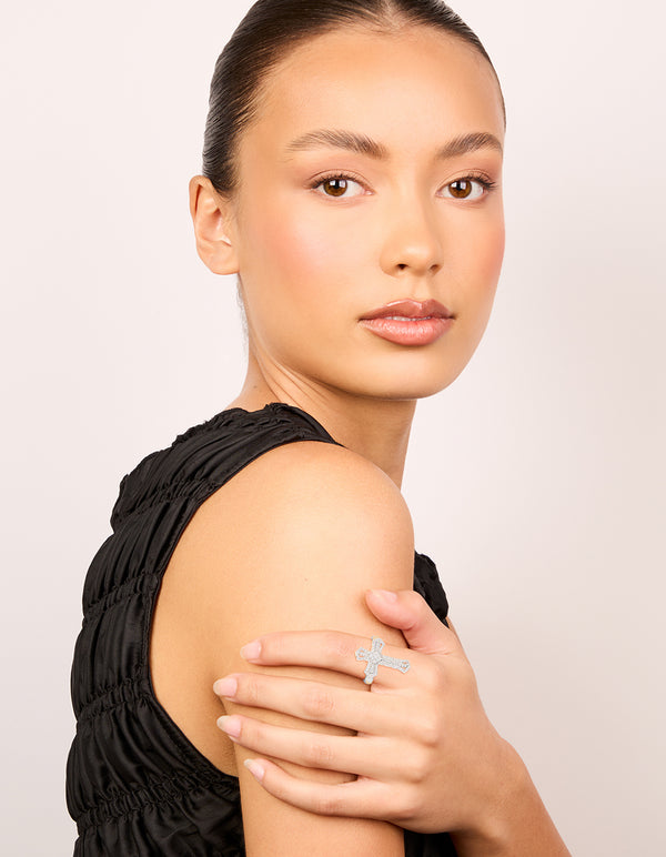 Silver Plated Cubic Zirconia Statement Cross Ring