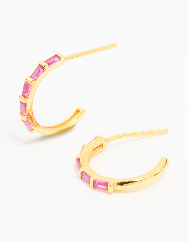 Gold Plated Sterling Silver Pink Cubic Zirconia Hoop Earrings