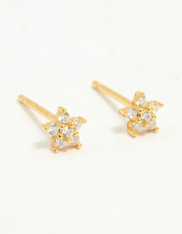 Gold Plated Sterling Silver Cubic Zirconia Flower Stud Earrings