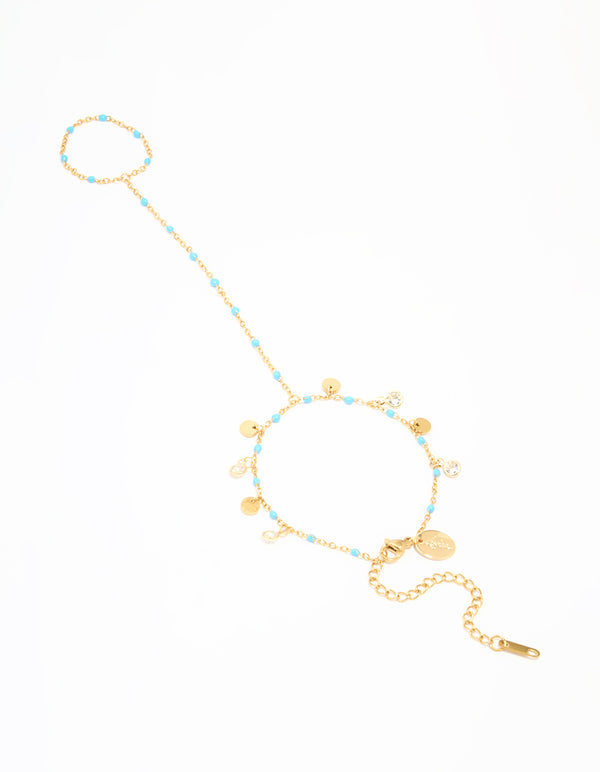 Waterproof Gold Plated Stainless Steel Blue Bead & Disc Hand Chain