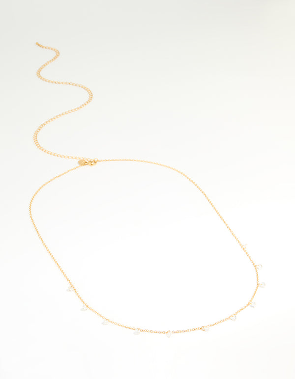 Crafted from waterproof gold plated stainless steel, this waist chain features cubic zirconia charms in an embellished pattern side view