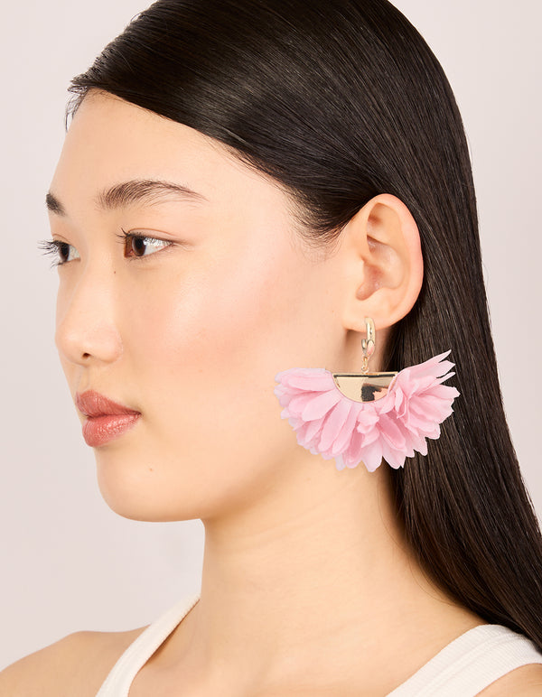 Gold Pink Fabric Large Petal Huggie Earrings