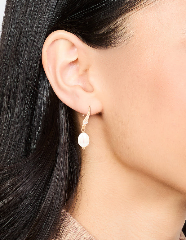 Gold Plated Cubic Zirconia Freshwater Pearl Drop Hook Earrings