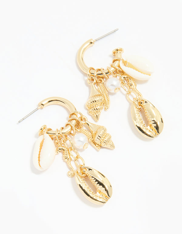 Gold Pearl & Shell Charm Drop Earrings