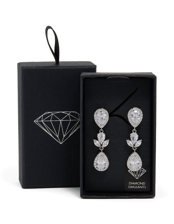 Silver Cubic Zirconia Double Halo Drop Earrings