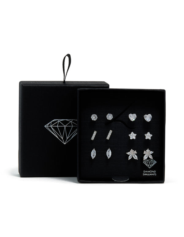 Silver Cubic Zirconia Heart & Flower Stud Earrings 6-Pack