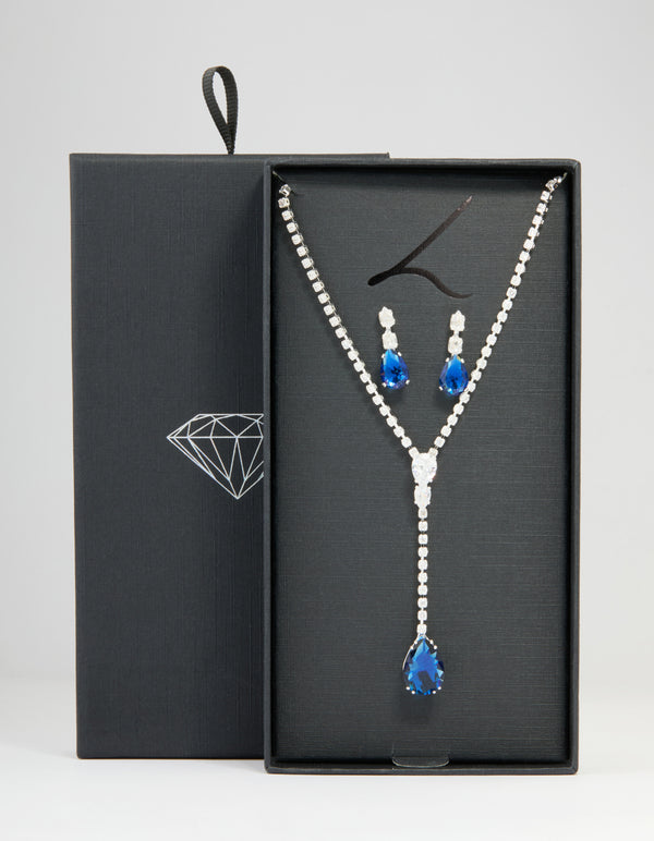 Silver Blue Cubic Zirconia Pear Y-Necklace & Earrings Set