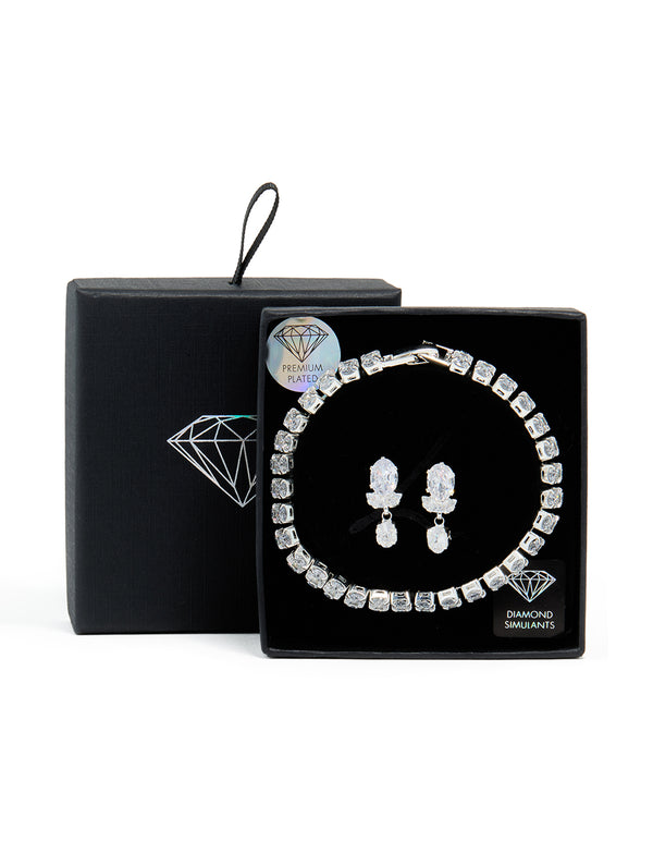 Silver Cubic Zirconia Tennis Bracelet & Teardrop Earrings Set