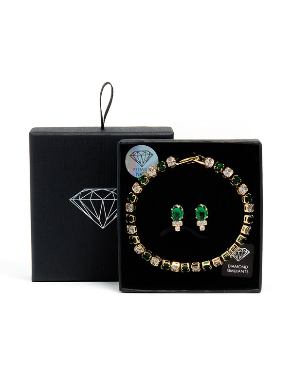 Gold Plated Green Cubic Zirconia Tennis Bracelet & Earrings Set