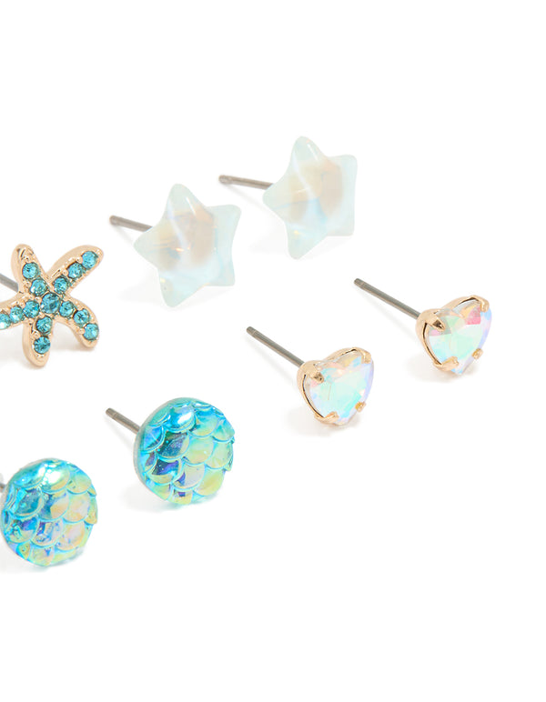 Kids Glitter Gold Sea & Starfish Stud Earrings 6-Pack