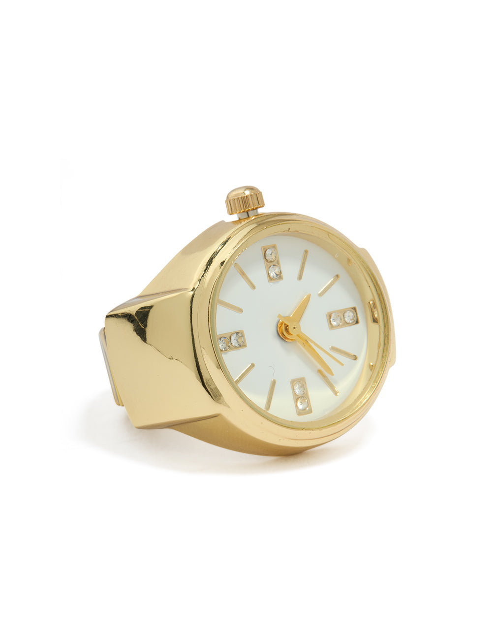 Featuring a gold statement watch ring with white dial close up view