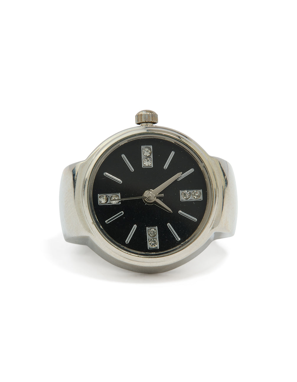 Displaying a statement watch ring in silver with black dial and functional crown detail close up view