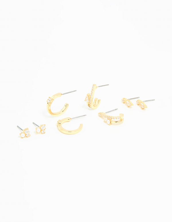 Gold Plated Cubic Zirconia Teardrop Hoop & Stud Earrings 4-Pack