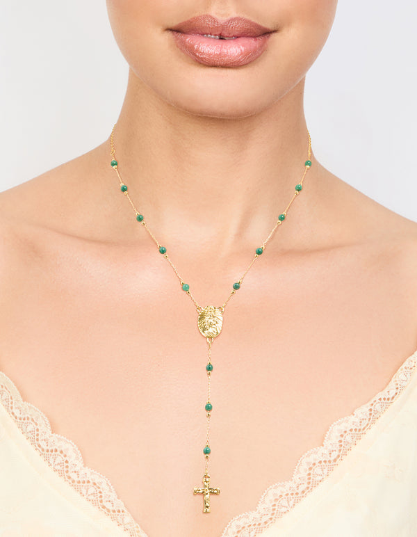 Gold Plated Green Semi Precious Stone Cross Y-Necklace