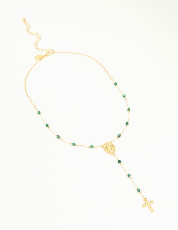 Gold Plated Green Semi Precious Stone Cross Y-Necklace