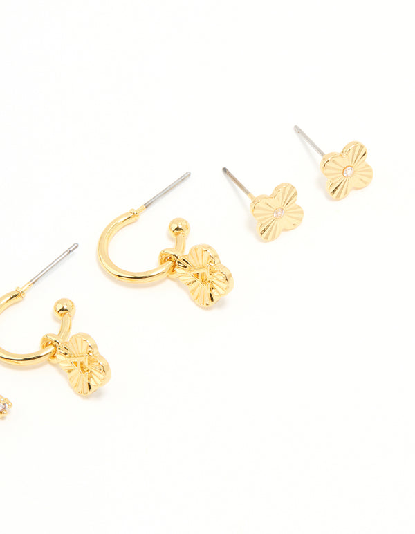 Gold Plated Cubic Zirconia Letter A Dainty Flower Earrings 4-Pack