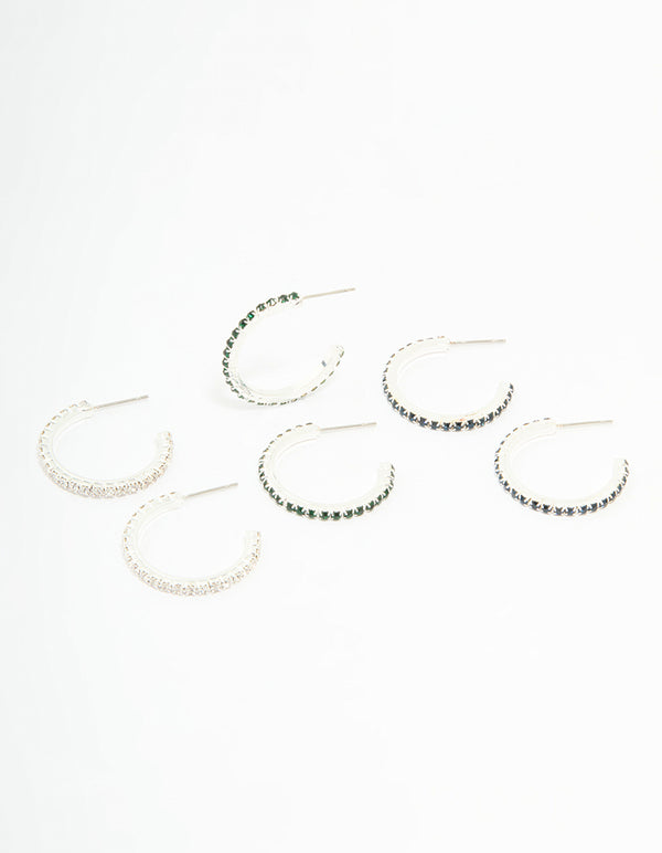 Silver Emerald Diamante Pavé Hoop Earrings 3-Pack