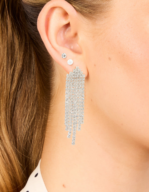 Silver Pearl Stud & Diamante Cupchain Earrings 3-Pack