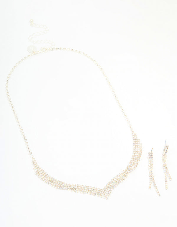 Silver Diamante Thin Pavé Twisted Necklace & Earrings Set