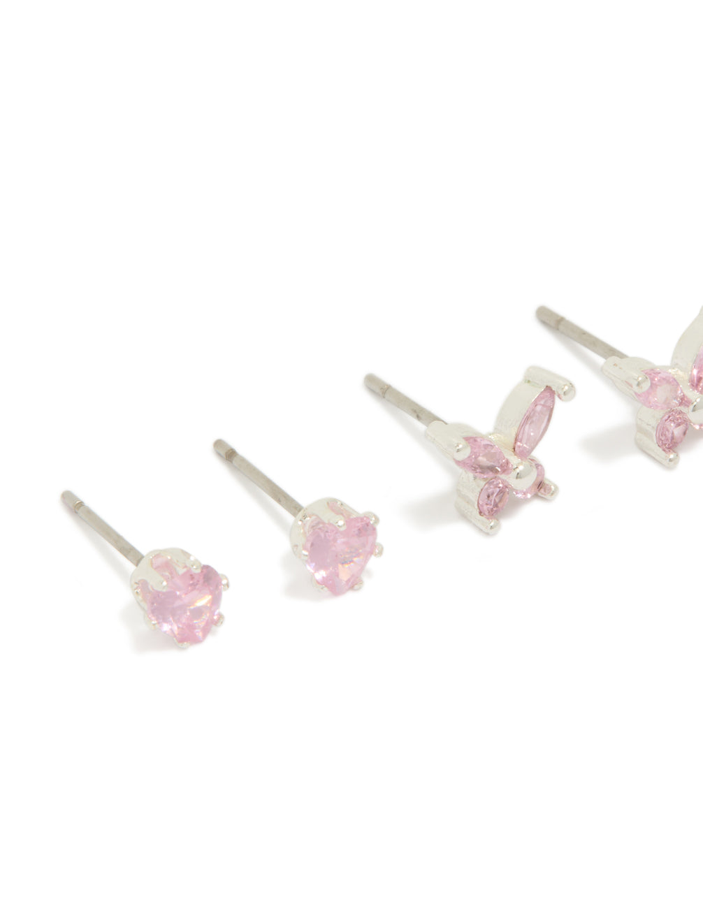 Silver Plated Brass Pink Cubic Zirconia Pave & Butterfly Stud Earrings 4-Pack