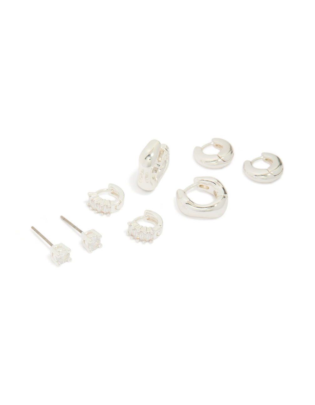 Silver Plated Brass Cubic Zirconia Baguette Hoops & Stud Earrings 4-Pack