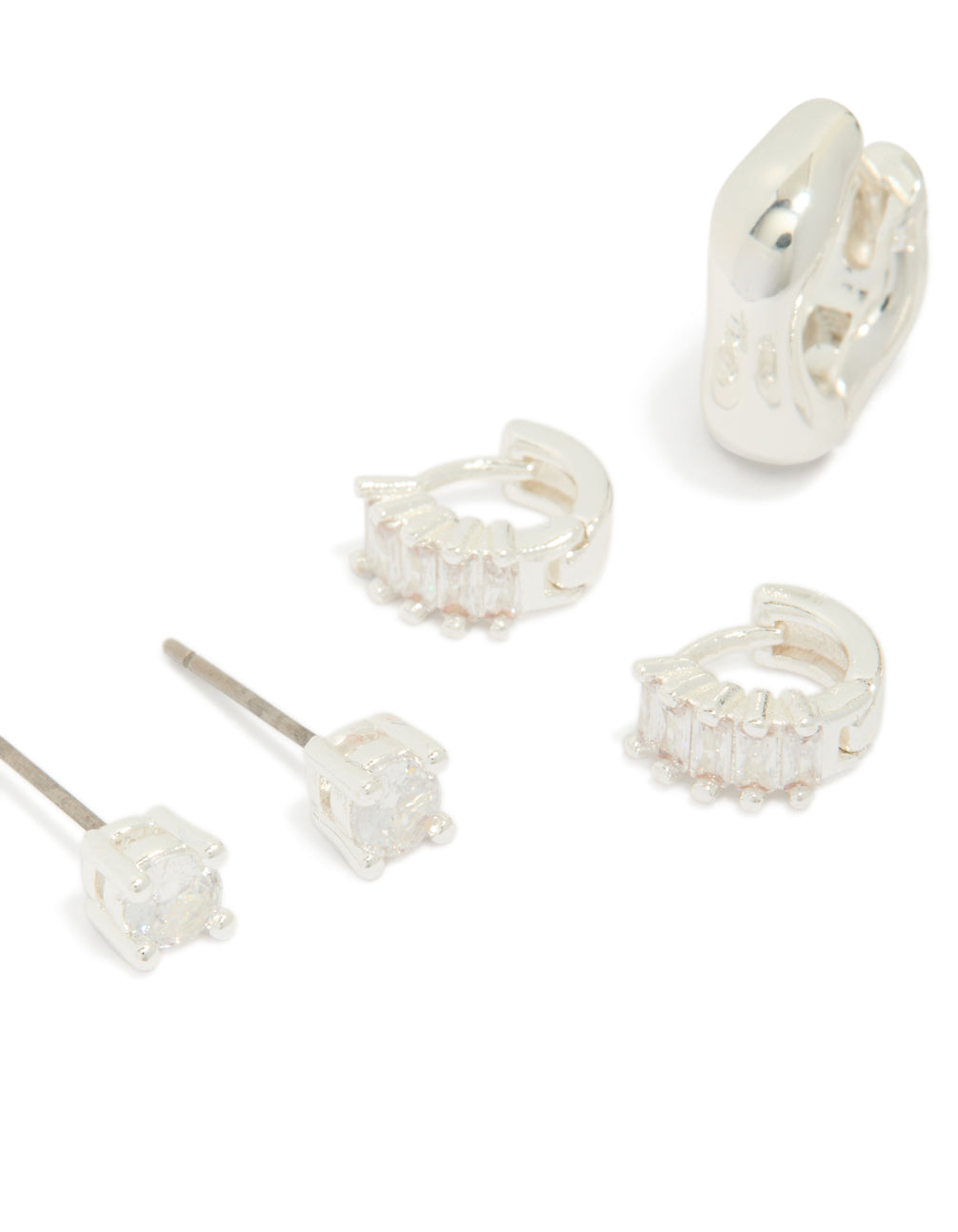 Silver Plated Brass Cubic Zirconia Baguette Hoops & Stud Earrings 4-Pack