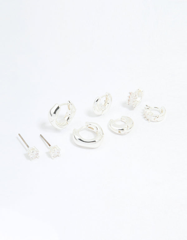 Silver Plated Brass Cubic Zirconia Baguette Hoops & Stud Earrings 4-Pack
