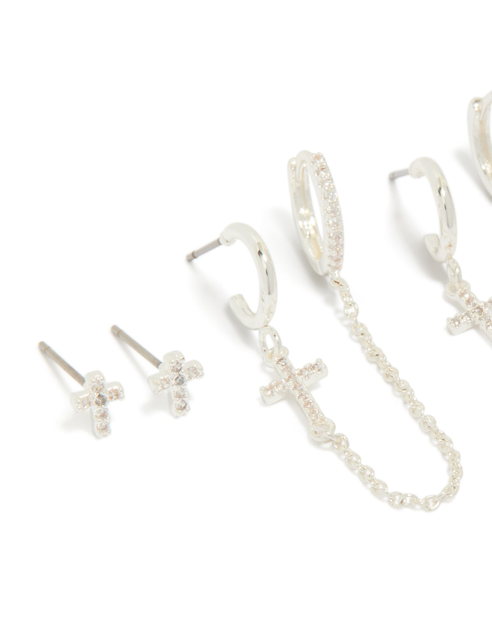 Silver Plated Brass Cubic Zirconia Cross Stud & Chain Earrings 4-Pack