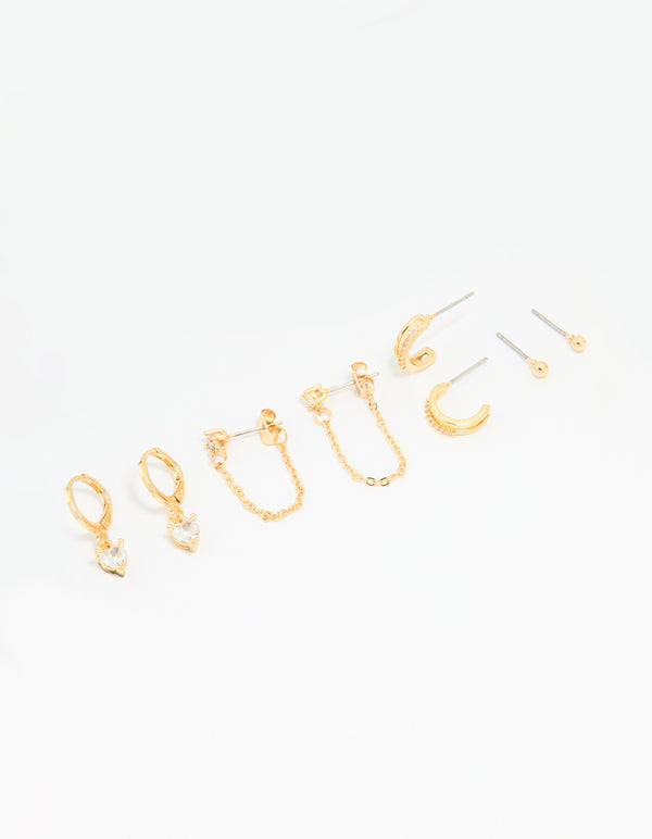 Gold Plated Brass Cubic Zirconia Heart & Chunky Huggie Earrings 4-Pack