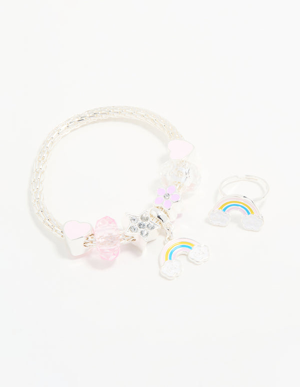 Kids Silver Beaded Rainbow Bracelet & Ring Pack