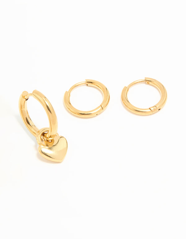 Waterproof Gold Plated Stainless Steel Heart Huggies & Classic Stud Earrings 3-Pack