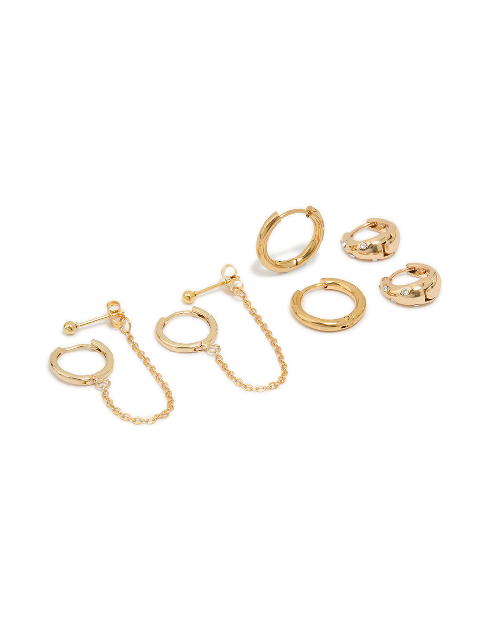 Featuring waterproof gold plated stainless steel cubic zirconia and sleek huggie earrings in a statement style in a 3-pack front view