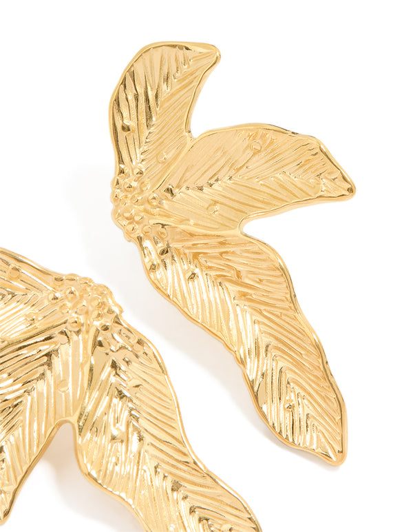 Waterproof Gold Plated Stainless Steel Etched Leaf Earrings