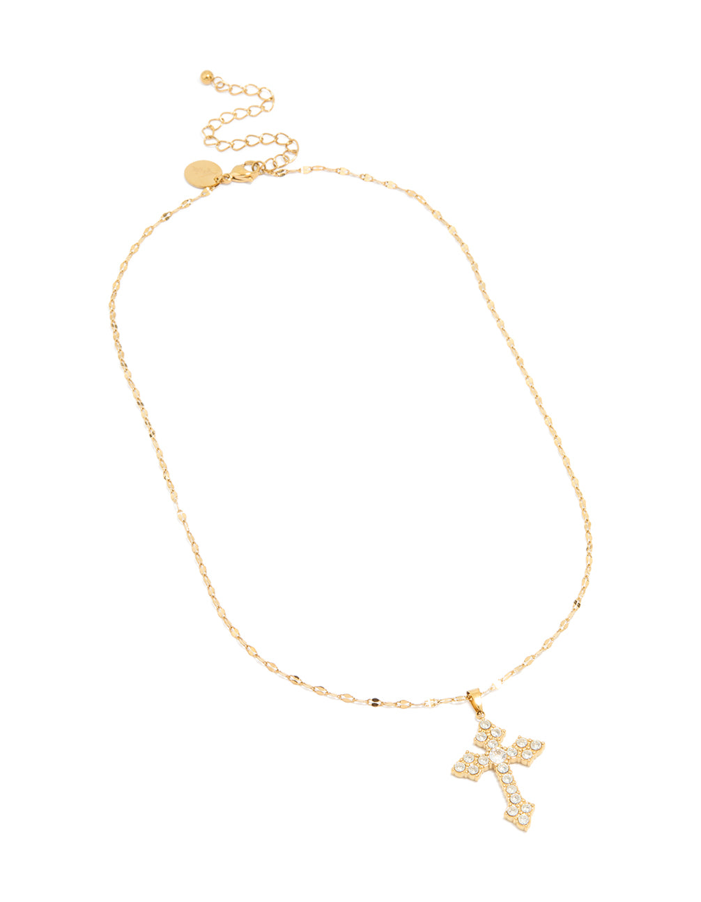 Featuring a dainty waterproof gothic cross pendant fine necklace with cubic zirconia stones, crafted from gold plated stainless steel front view