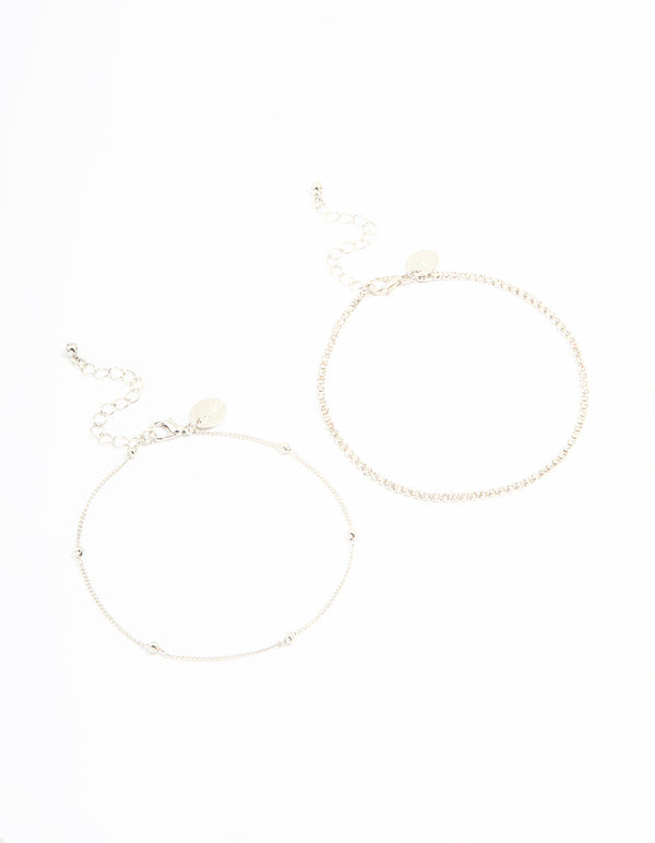 Silver Diamante & Ball Anklets 2-Pack