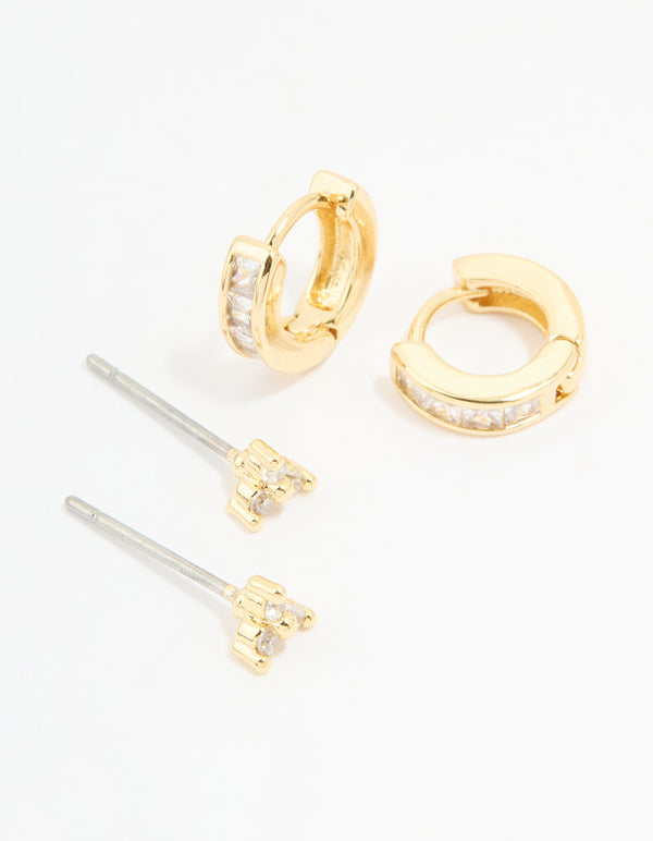 Showcasing gold plated cubic zirconia stud and huggie earrings in a 2-pack front view