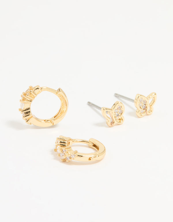 Gold Plated Cubic Zirconia Butterfly Huggie & Stud Earrings 2-Pack