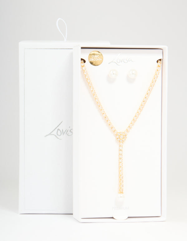 Gold Plated Pearl Flower Cubic Zirconia Y-Necklace & Earrings Set