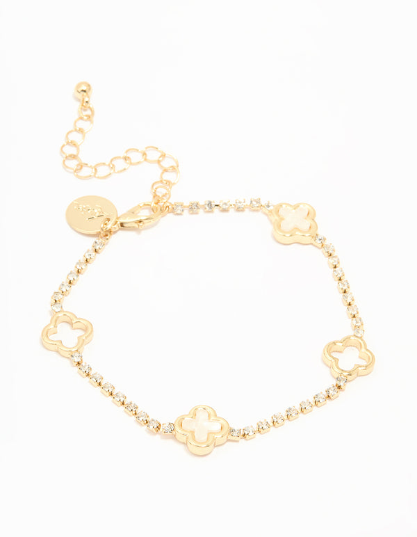 Gold Plated Cubic Zirconia Alternating Flower Cupchain Bracelet