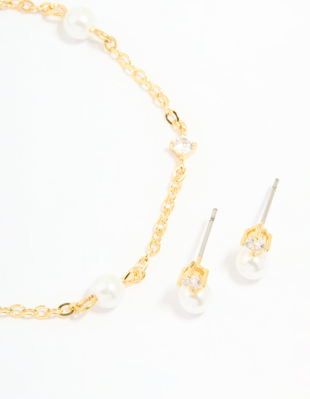 Gold Plated Cubic Zirconia Pearl Bracelet & Earrings Set