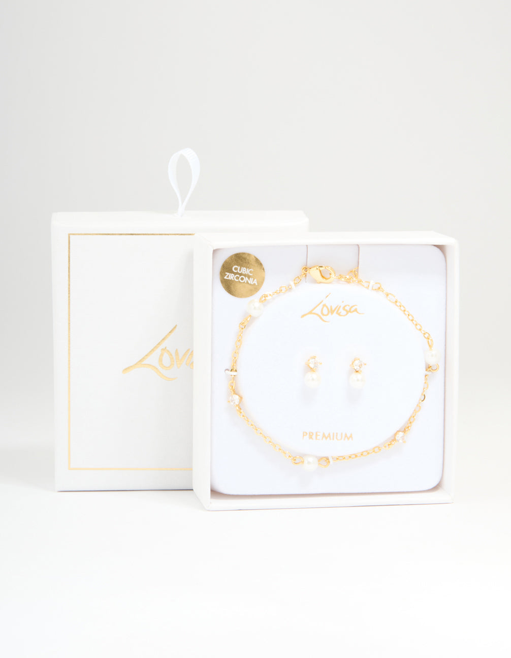 Gold Plated Cubic Zirconia Pearl Bracelet & Earrings Set
