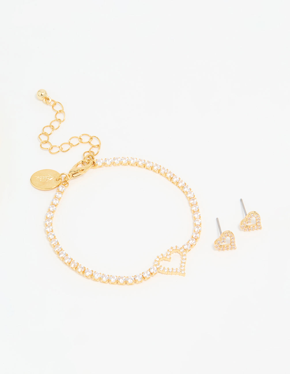 Gold Plated Cubic Zirconia Heart Outline Tennis Bracelet & Earrings Set