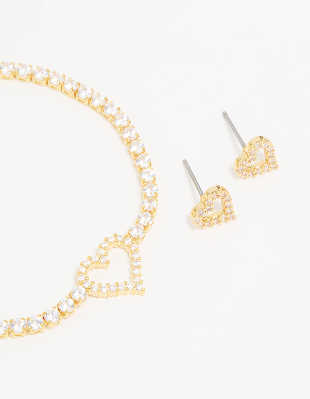 Gold Plated Cubic Zirconia Heart Outline Tennis Bracelet & Earrings Set