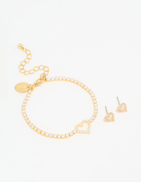 Gold Plated Cubic Zirconia Heart Outline Tennis Bracelet & Earrings Set