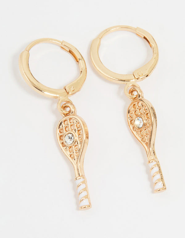 Gold Diamante Tennis Racket Huggie Earrings
