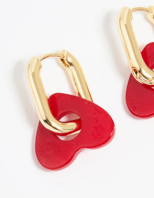 Gold Red Acrylic Heart Hoop Earrings