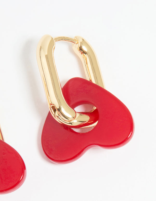 Gold Red Acrylic Heart Hoop Earrings